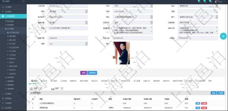 項目管理軟件人力資源管理模塊員工基本信息資料明細查詢還可以關聯(lián)查詢更多相關資料，比如團隊成員子頁面可以返回員工在不同團隊的信息，比如：團隊名稱、團隊序號、人員序號、職責、年成本下限、年成本上限、年成本、貨幣單位資源等。