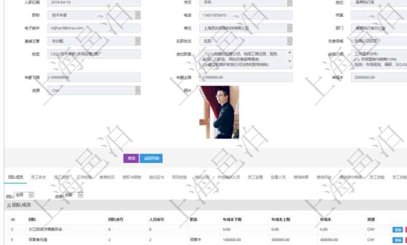 項目管理軟件人力資源管理模塊員工基本信息資料明細查詢還可以關(guān)聯(lián)查詢更多相關(guān)資料，比如團隊成員子頁面可以返回員工在不同團隊的信息，比如：團隊名稱、團隊序號、人員序號、職責、年成本下限、年成本上限、年成本、貨幣單位資源等。