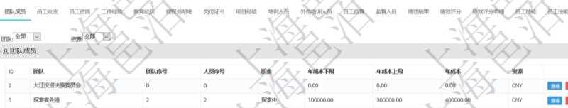項(xiàng)目管理軟件人力資源管理模塊員工基本信息資料明細(xì)查詢還可以關(guān)聯(lián)查詢更多相關(guān)資料，比如團(tuán)隊(duì)成員子頁面可以返回員工在不同團(tuán)隊(duì)的信息，比如：團(tuán)隊(duì)名稱、團(tuán)隊(duì)序號、人員序號、職責(zé)、年成本下限、年成本上限、年成本、貨幣單位資源等。