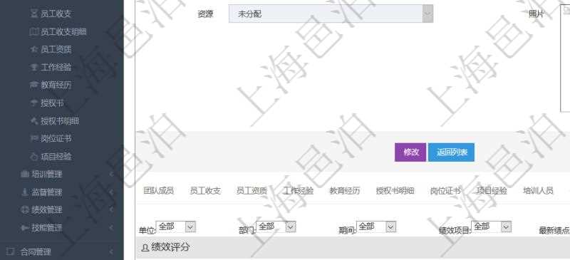 項目管理軟件人力資源管理模塊員工基本信息資料明細查詢還可以關(guān)聯(lián)查詢更多相關(guān)資料，比如績效評分：單位、部門、期間、人力資源類型、人力團隊資源、版本、績效項目、一級分類權(quán)重、二級分類權(quán)重、三級分類權(quán)重、績效項目權(quán)重、更新時間等。
