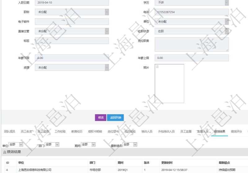 項(xiàng)目管理軟件人力資源管理模塊員工基本信息資料明細(xì)查詢還可以關(guān)聯(lián)查詢更多相關(guān)資料，比如績效結(jié)果：單位、部門、期間、版本、更新時間、最新績點(diǎn)、最新原始績點(diǎn)、備注等。