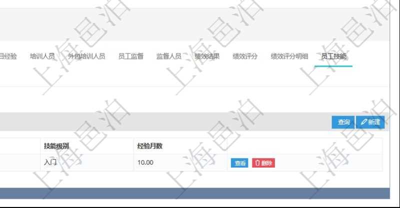 項(xiàng)目管理軟件人力資源管理模塊員工基本信息資料明細(xì)查詢還可以關(guān)聯(lián)查詢更多相關(guān)資料，比如員工技能：經(jīng)驗(yàn)、版本、更新時(shí)間、技能級(jí)別、經(jīng)驗(yàn)月數(shù)等。