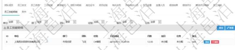 項目管理軟件人力資源管理模塊員工基本信息資料明細(xì)查詢還可以關(guān)聯(lián)查詢更多相關(guān)資料，比如員工技能明細(xì)：單位、部門、團(tuán)隊、經(jīng)驗、日志時間、月數(shù)、項目、任務(wù)、備注等。