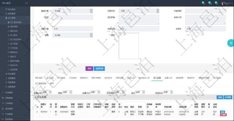 項目管理軟件人力資源管理模塊員工基本信息資料明細(xì)查詢還可以關(guān)聯(lián)查詢更多相關(guān)資料，比如監(jiān)督計劃、項次、原因、監(jiān)督項目、監(jiān)督方式、檢驗方法規(guī)范、訂單編號、訂單樣品檔案編號、檔案編號、設(shè)計類型、涉及ID、地點、描述、發(fā)現(xiàn)、改善建議、培訓(xùn)需求、監(jiān)督員、開始日期、結(jié)束日期、監(jiān)督依據(jù)、監(jiān)督頻次、備注及完成狀態(tài)等。