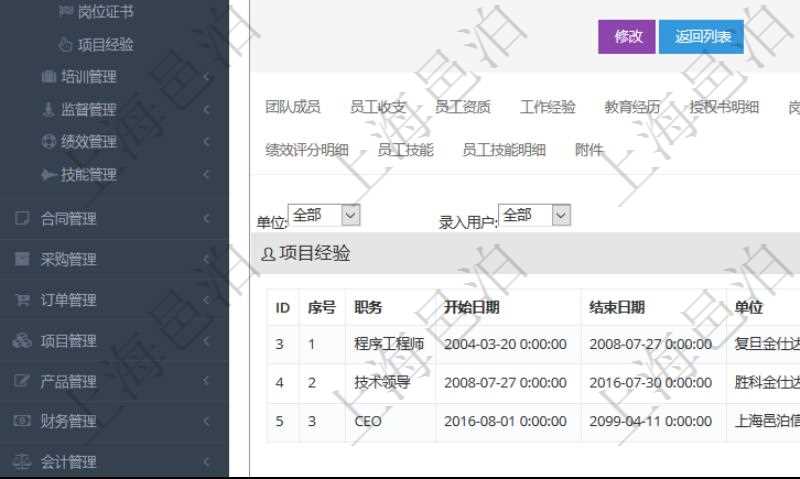 項目管理軟件人力資源管理模塊員工基本信息資料明細(xì)查詢還可以關(guān)聯(lián)查詢更多相關(guān)資料，比如項目經(jīng)驗：序號、職務(wù)、開始日期、結(jié)束日期、單位、主要職責(zé)、錄入時間、錄入用戶等。