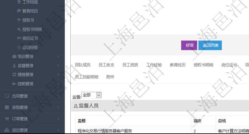 項目管理軟件人力資源管理模塊員工基本信息資料明細查詢還可以關(guān)聯(lián)查詢更多相關(guān)資料，比如負責過的監(jiān)督項目：監(jiān)督、項次、總結(jié)。