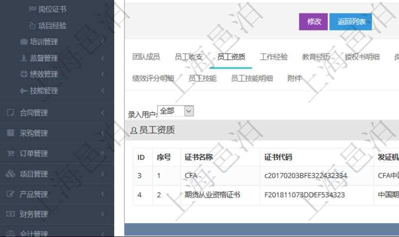 項(xiàng)目管理軟件人力資源管理模塊員工基本信息資料明細(xì)查詢還可以關(guān)聯(lián)查詢更多相關(guān)資料，比如員工資質(zhì)。對于程式化的復(fù)雜業(yè)務(wù)操作，合理使用員工資質(zhì)管理可以降低操作風(fēng)險(xiǎn)。員工資質(zhì)信息包括證書名稱、證書代碼、發(fā)證機(jī)構(gòu)、有效期、備注、錄入用戶。
