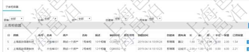 在項(xiàng)目管理軟件倉(cāng)儲(chǔ)物流管理系統(tǒng)中查詢庫(kù)柜容器明細(xì)信息的時(shí)候除了返回庫(kù)柜容器基本字段信息，還會(huì)返回關(guān)聯(lián)的子庫(kù)柜容器信息：序號(hào)、倉(cāng)庫(kù)、資產(chǎn)、名稱、描述、編碼標(biāo)識(shí)、是否可用、創(chuàng)建時(shí)間、創(chuàng)建者、擁有者、長(zhǎng)、寬、高、半徑、容量、已用容量。