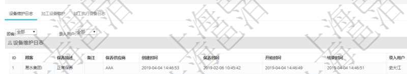 在項(xiàng)目管理軟件MES生產(chǎn)制造管理系統(tǒng)查看設(shè)備維護(hù)信息時(shí)返回設(shè)備信息：單位、部門、團(tuán)隊(duì)、工廠、資產(chǎn)、名稱、描述、設(shè)備類型、創(chuàng)建時(shí)間、創(chuàng)建者、擁有者、操作員、是否可用標(biāo)志、使用中標(biāo)志、地區(qū)、地址、日加工能力、加工能力單位、計(jì)件設(shè)備成本、計(jì)時(shí)設(shè)備成本、資源、貨幣單位、保養(yǎng)周期、保養(yǎng)預(yù)警、上次保養(yǎng)日期。同時(shí)返回關(guān)聯(lián)的設(shè)備維護(hù)日志：保養(yǎng)描述、備注、保養(yǎng)供應(yīng)商、創(chuàng)建時(shí)間、保養(yǎng)時(shí)間、開始時(shí)間、結(jié)束時(shí)間及錄入用戶。
