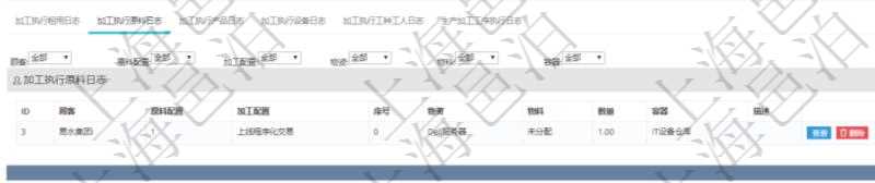 在項(xiàng)目管理軟件MES生產(chǎn)制造管理系統(tǒng)查詢加工執(zhí)行日志信息時(shí)，還返回了關(guān)聯(lián)的加工執(zhí)行原料日志：原料配置、加工配置、序號(hào)、物資、物料、數(shù)量、容器、描述。