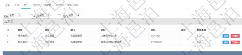 在項目管理軟件MES生產(chǎn)制造管理系統(tǒng)查看工廠信息時除了返回工廠信息，同時返回關聯(lián)的加工信息：單位、部門、名稱、代碼、描述、耗費小時。