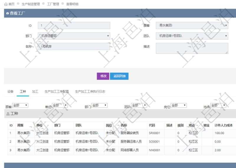 在項(xiàng)目管理軟件MES生產(chǎn)制造管理系統(tǒng)查看工廠信息時(shí)除了返回工廠信息，同時(shí)返回關(guān)聯(lián)的工種信息：單位、部門、團(tuán)隊(duì)、崗位、名稱、代碼、描述、級別、地點(diǎn)、地址、計(jì)件人力成本呢、計(jì)時(shí)人力成本、計(jì)件工種成本、計(jì)時(shí)工種成本、資源、貨幣單位。