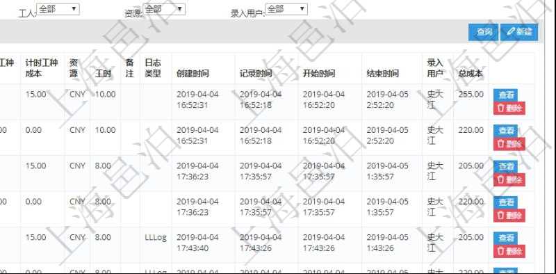 在項目管理軟件MES生產制造管理系統(tǒng)查詢加工明細信息時，還返回了關聯(lián)的加工執(zhí)行工種工人日志：工種配置、加工執(zhí)行、序號、工種、工時調整比率、描述、工人、計件人力成本、計時人力成本、計件工種成本、計時工種成本、資源、貨幣單位、工時、備注、日志類型、創(chuàng)建時間、記錄時間、開始時間、結束時間、錄入用戶、總成本。