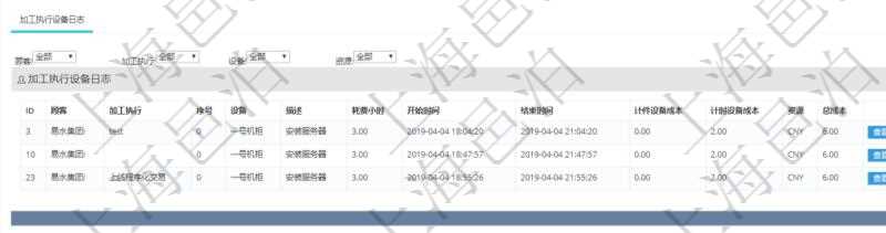 在項目管理軟件MES生產(chǎn)制造管理系統(tǒng)查詢加工設(shè)備維護信息時，還返回了關(guān)聯(lián)的加工執(zhí)行設(shè)備日志：加工執(zhí)行、序號、設(shè)備、描述、耗費小時、開始時間、結(jié)束時間、計件設(shè)備成本、計時設(shè)備成本、資源、貨幣單位、總成本。