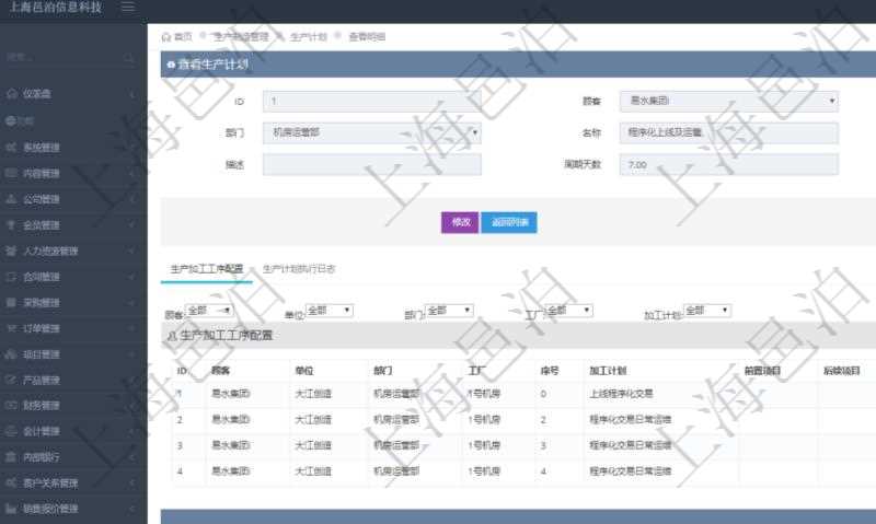 在項目管理軟件MES生產(chǎn)制造管理系統(tǒng)中查詢生產(chǎn)計劃明細返回單位、部門、名稱、代碼、描述、周期天數(shù)。同時還會返回生產(chǎn)加工工序配置明細：單位、部門、工廠、序號、加工計劃、前置項目、后續(xù)項目、最早開始日、最早結(jié)束日。