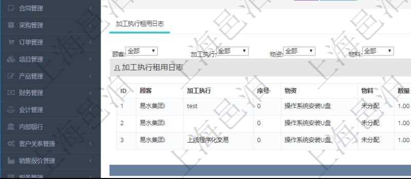 在項(xiàng)目管理軟件MES生產(chǎn)制造管理系統(tǒng)查詢加工租用配置信息時(shí)，還返回了關(guān)聯(lián)的加工執(zhí)行租用日志：加工執(zhí)行、序號(hào)、物資、物料、數(shù)量、容器、描述、租用小時(shí)、開始時(shí)間、結(jié)束時(shí)間。