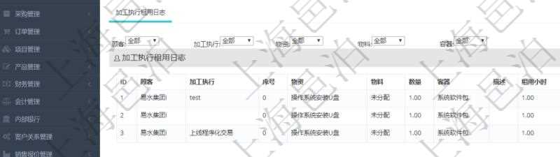 在項目管理軟件MES生產(chǎn)制造管理系統(tǒng)查詢加工租用配置信息時，還返回了關(guān)聯(lián)的加工執(zhí)行租用日志：加工執(zhí)行、序號、物資、物料、數(shù)量、容器、描述、租用小時、開始時間、結(jié)束時間。