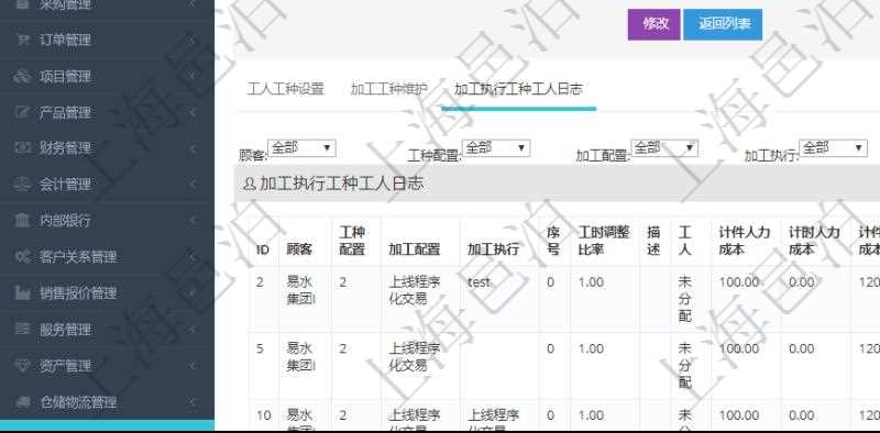 在項(xiàng)目管理軟件MES生產(chǎn)制造管理系統(tǒng)查詢工種明細(xì)信息的時(shí)候，還會(huì)返回關(guān)聯(lián)的加工執(zhí)行工種工人日志：工種配置、加工配置、加工執(zhí)行、序號(hào)、工時(shí)調(diào)整比率、描述、工人、計(jì)件人力成本、計(jì)時(shí)人力成本、計(jì)件工種成本、資源、貨幣單位、工時(shí)、備注、日志類型、創(chuàng)建時(shí)間、記錄時(shí)間、開(kāi)始時(shí)間、結(jié)束時(shí)間、錄入用戶、總成本。