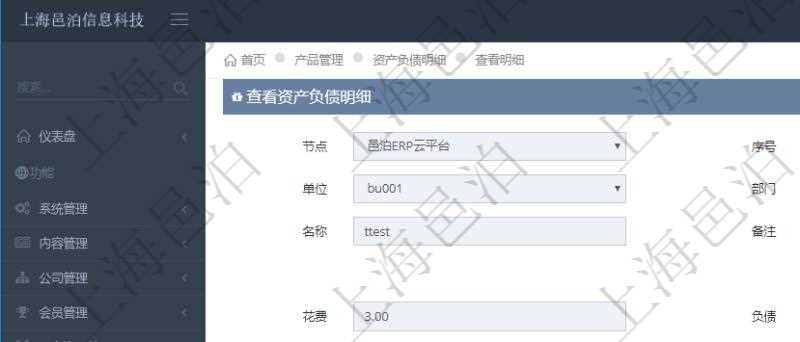 通過項目管理軟件產(chǎn)品管理模塊可以維護和查詢產(chǎn)品資產(chǎn)負債明細信息，比如：單位、部門、團隊、名稱、備注、創(chuàng)建時間、資產(chǎn)、花費、負債、權(quán)益、收入、貨幣單位資源、資產(chǎn)說明、花費說明、負債說明、權(quán)益說明、收入說明。