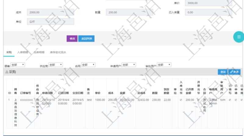 項目管理軟件采購管理模塊原料明細查詢還可以關聯(lián)查詢更多相關資料，比如原料的所有采購信息：訂單編號、供應商、申請日期、訂貨日期、交貨日期、備注、單價、成本、金額、總成本、數(shù)量、到貨數(shù)量、單位、入庫完畢、已開票金額、開票完畢、合同、申請用戶、審批用戶、已填寫、已申請、已審批。