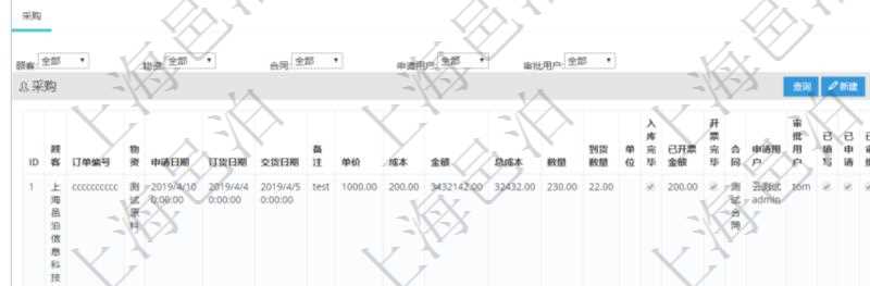 項目管理軟件采購管理模塊供應(yīng)商明細查詢還可以關(guān)聯(lián)查詢更多相關(guān)資料，比如供應(yīng)商的所有采購信息：訂單編號、物資、申請日期、訂貨日期、交貨日期、備注、單價、成本、金額、總成本、數(shù)量、到貨數(shù)量、單位、入庫完畢、已開票金額、開票完畢、合同、申請用戶、審批用戶、已填寫、已申請、已審批。