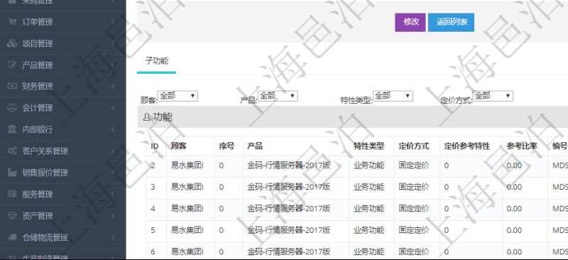 在項(xiàng)目管理軟件銷售報(bào)價管理系統(tǒng)查詢返回的功能報(bào)價配置信息，還包括它的子功能特性報(bào)價配置數(shù)據(jù)：序號、產(chǎn)品、特性類型、定價方式、定價參考特性、參考比率、子功能編號、子功能名稱、子功能描述、子功能種類、價格、最低價、成本等。