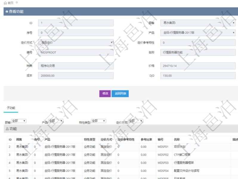 在項目管理軟件銷售報價管理系統(tǒng)查詢返回的功能報價配置信息，還包括它的子功能特性報價配置數(shù)據(jù)：序號、產(chǎn)品、特性類型、定價方式、定價參考特性、參考比率、子功能編號、子功能名稱、子功能描述、子功能種類、價格、最低價、成本等。